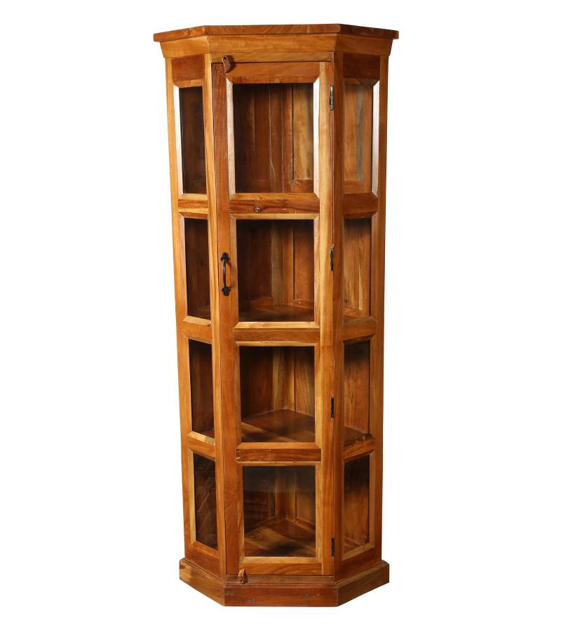SOLID RECLAIMED TEAK WOOD & GLASS CORNER CABINET