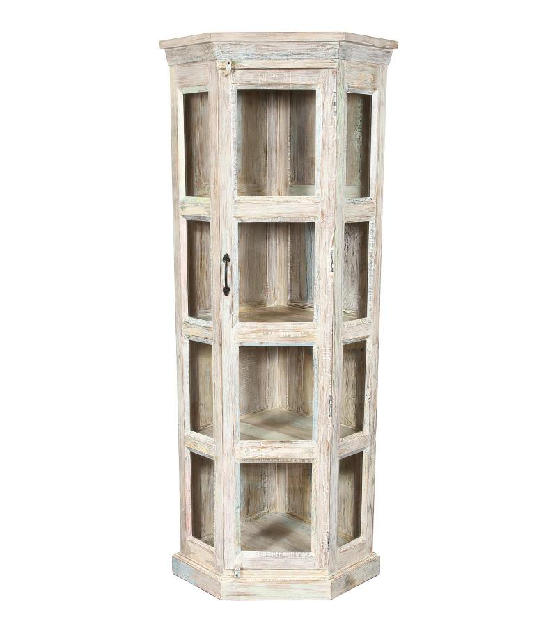 SOLID RECLAIMED TEAK WOOD & GLASS CORNER CABINET