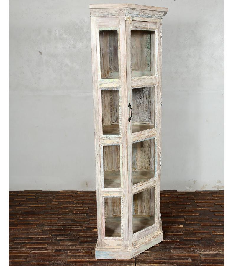 SOLID RECLAIMED TEAK WOOD & GLASS CORNER CABINET
