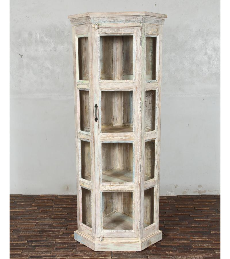 SOLID RECLAIMED TEAK WOOD & GLASS CORNER CABINET