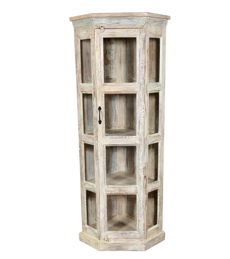 SOLID RECLAIMED TEAK WOOD & GLASS CORNER CABINET