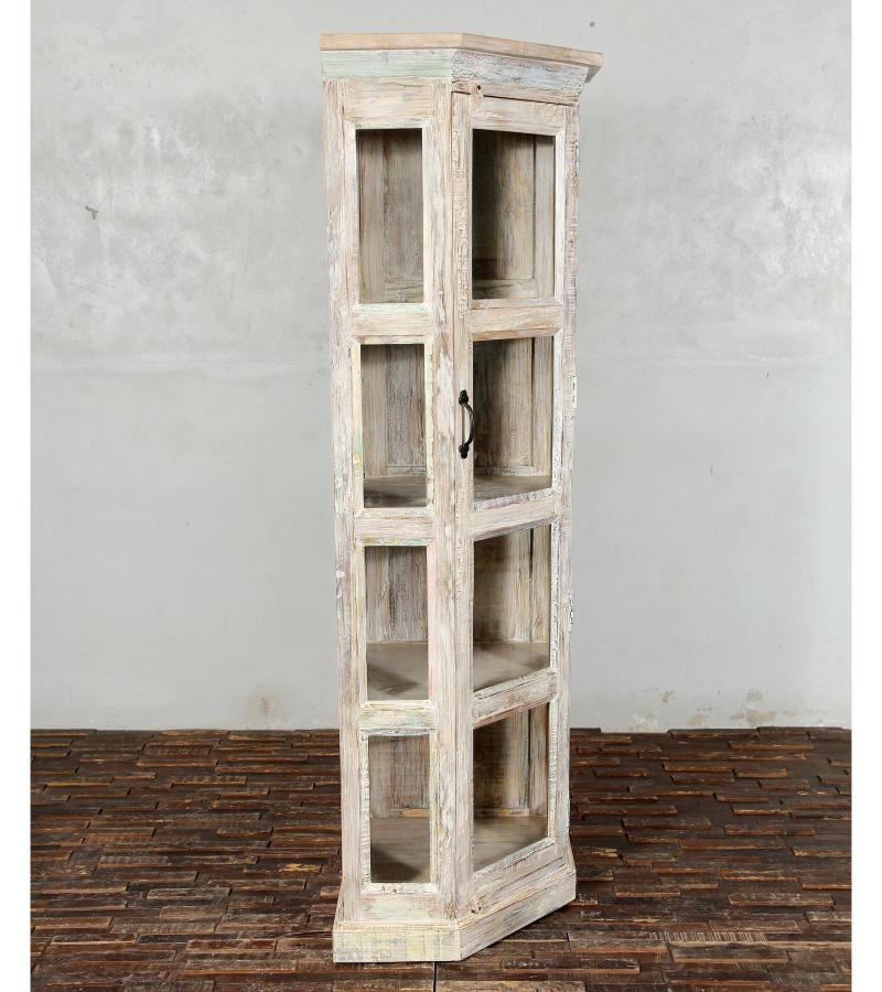 SOLID RECLAIMED TEAK WOOD & GLASS CORNER CABINET