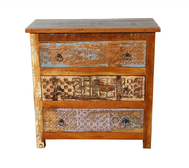 SOLID RECLAIMED TEAK WOOD HAND CARVED DRESSER BUREAU CABINET 3 DRAWERS