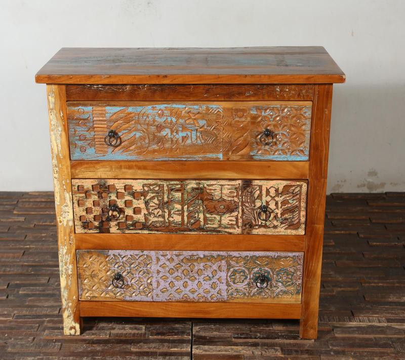 SOLID RECLAIMED TEAK WOOD HAND CARVED DRESSER BUREAU CABINET 3 DRAWERS