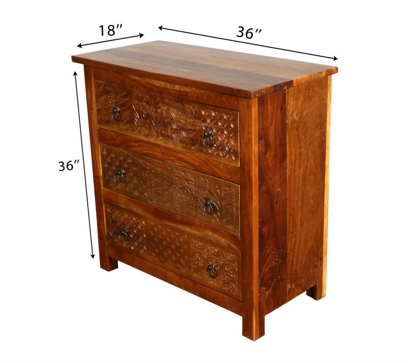 SOLID RECLAIMED TEAK WOOD HAND CARVED DRESSER BUREAU CABINET 3 DRAWERS