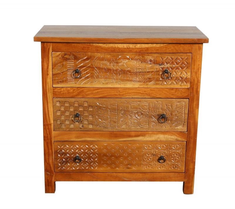 SOLID RECLAIMED TEAK WOOD HAND CARVED DRESSER BUREAU CABINET 3 DRAWERS