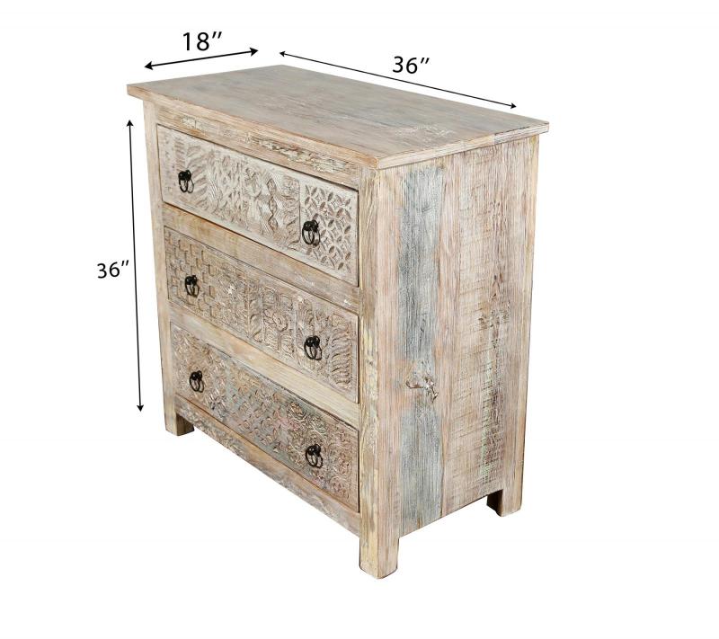 SOLID RECLAIMED TEAK WOOD HAND CARVED DRESSER BUREAU CABINET 3 DRAWERS