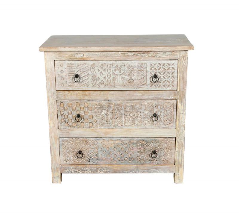 SOLID RECLAIMED TEAK WOOD HAND CARVED DRESSER BUREAU CABINET 3 DRAWERS