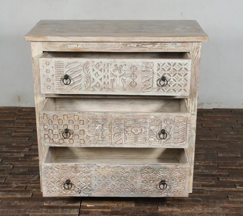 SOLID RECLAIMED TEAK WOOD HAND CARVED DRESSER BUREAU CABINET 3 DRAWERS