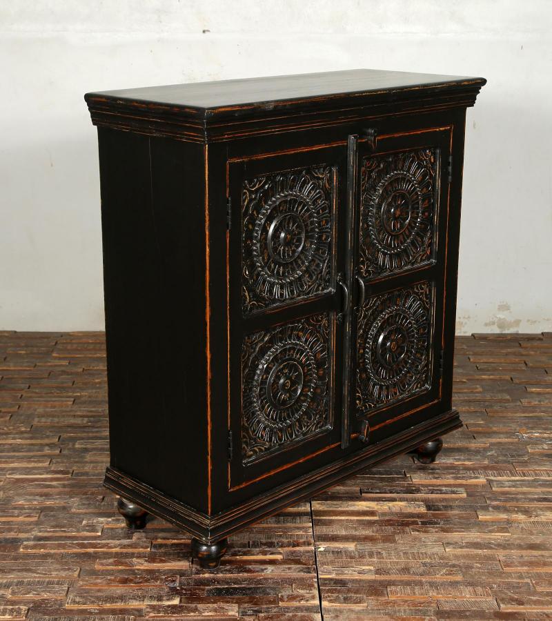 SOLID HAND CARVED RECLAIMED TEAK 2 DOOR DECORATIVE STORAGE CABINET