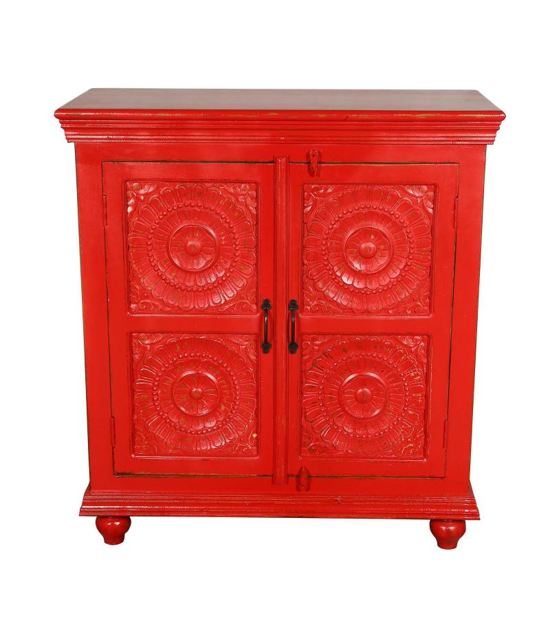 SOLID HAND CARVED RECLAIMED TEAK 2 DOOR DECORATIVE STORAGE CABINET