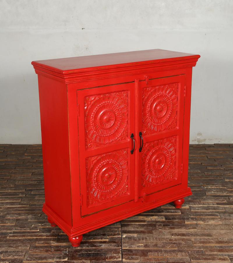 SOLID HAND CARVED RECLAIMED TEAK 2 DOOR DECORATIVE STORAGE CABINET