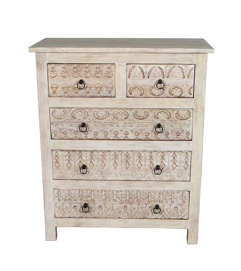 SOLID RECLAIMED TEAK WOOD HAND CARVED DRESSER BUREAU CABINET 5 DRAWERS