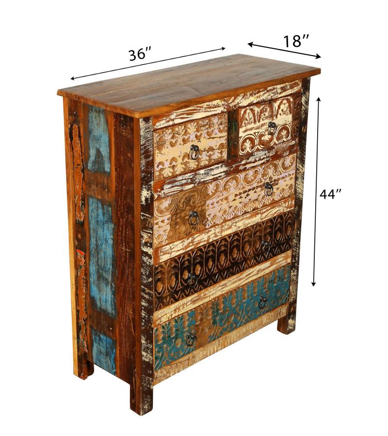 SOLID RECLAIMED TEAK WOOD HAND CARVED DRESSER BUREAU CABINET 5 DRAWERS