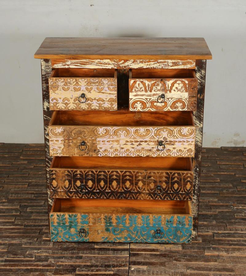 SOLID RECLAIMED TEAK WOOD HAND CARVED DRESSER BUREAU CABINET 5 DRAWERS