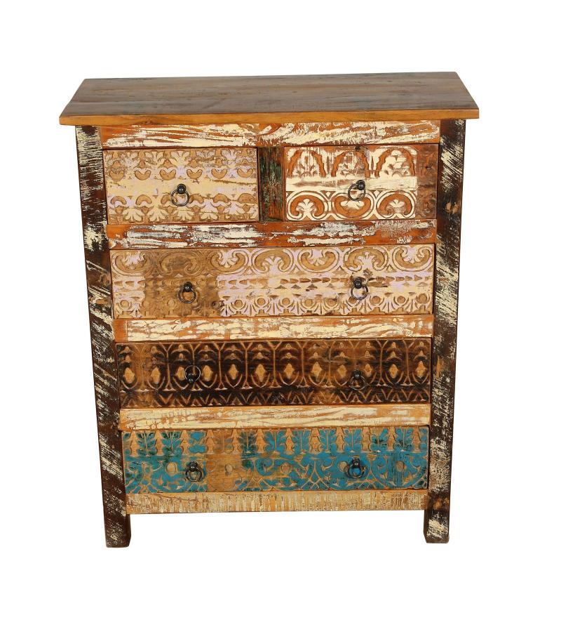 SOLID RECLAIMED TEAK WOOD HAND CARVED DRESSER BUREAU CABINET 5 DRAWERS