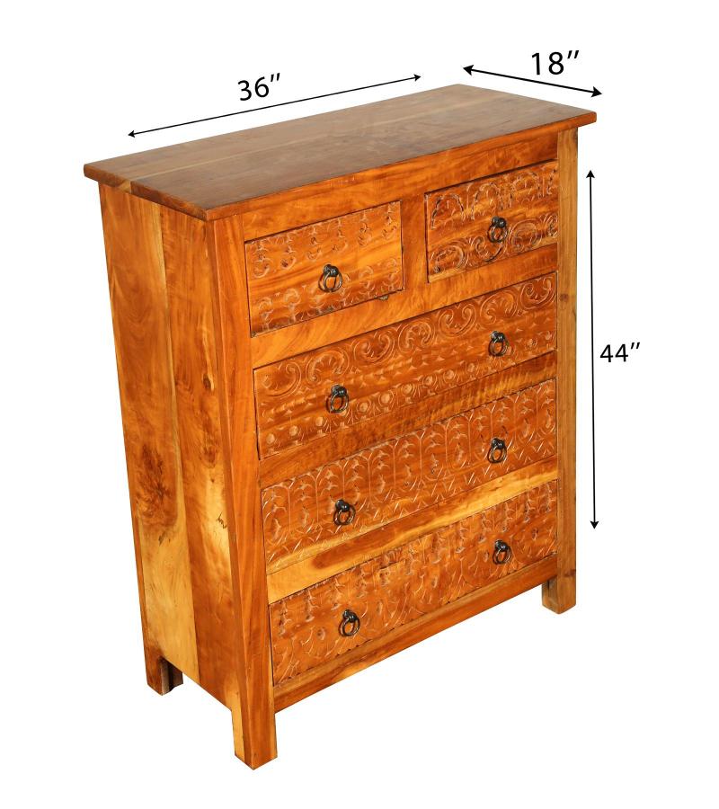 SOLID RECLAIMED TEAK WOOD HAND CARVED DRESSER BUREAU CABINET 5 DRAWERS