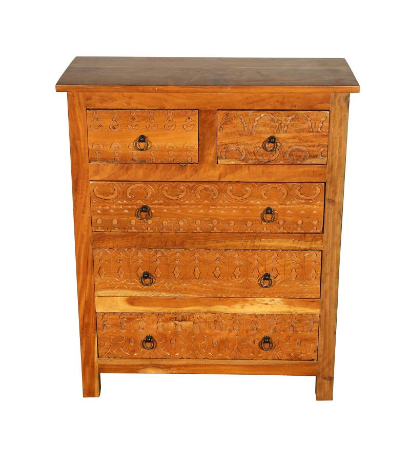 SOLID RECLAIMED TEAK WOOD HAND CARVED DRESSER BUREAU CABINET 5 DRAWERS
