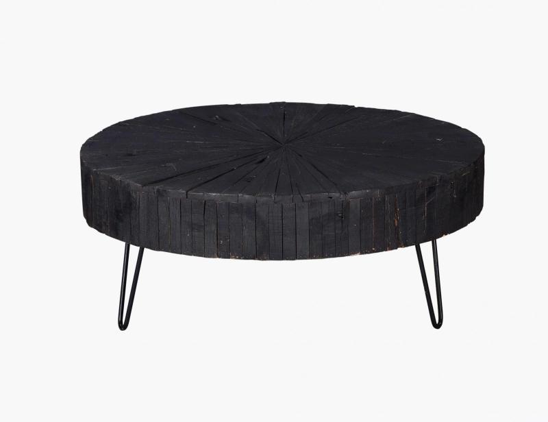 ROUND WOOD COFFEE TABLE W/ IRON LEGS
