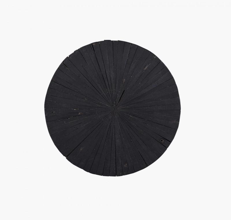 ROUND WOOD COFFEE TABLE W/ IRON LEGS