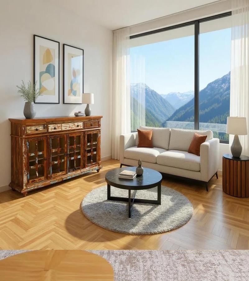 SOLID RECLAIMED TEAK WOOD & GLASS SIDEBOARD CABINET W/ 3 DRAWERS & 4 DOORS