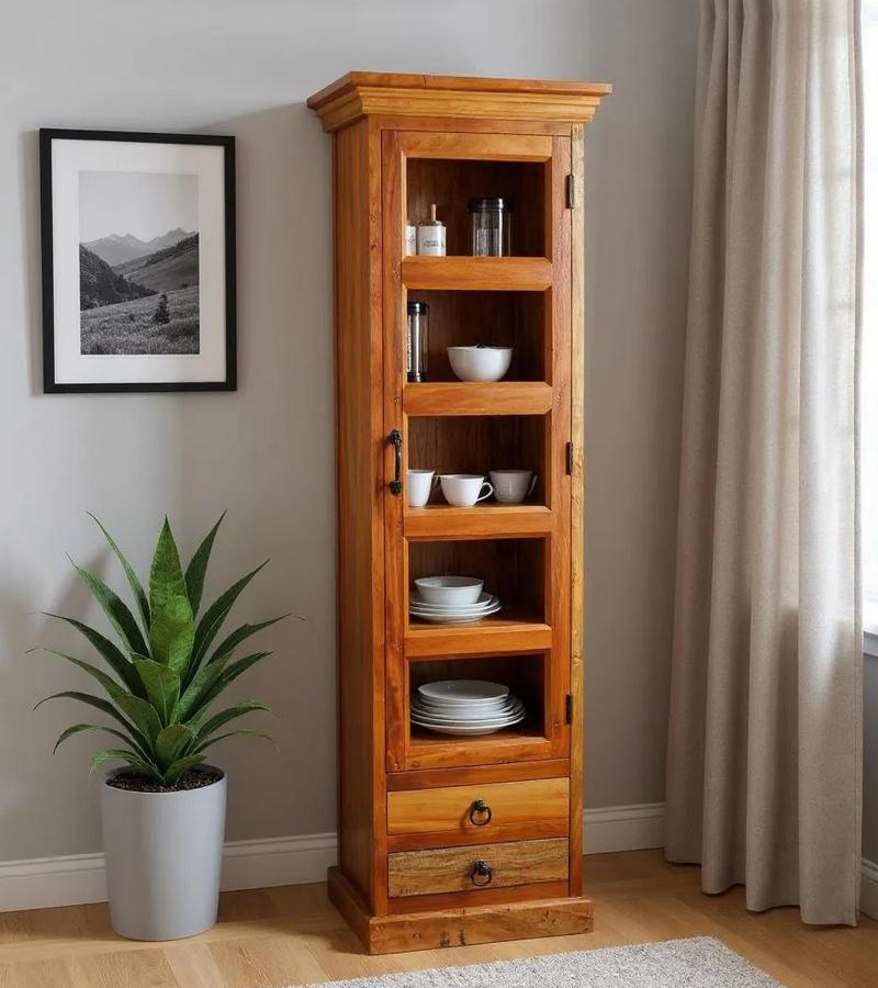 SOLID RECLAIMED TEAK WOOD & GLASS DISPLAY CASE TOWER WITH 2 DRAWERS
