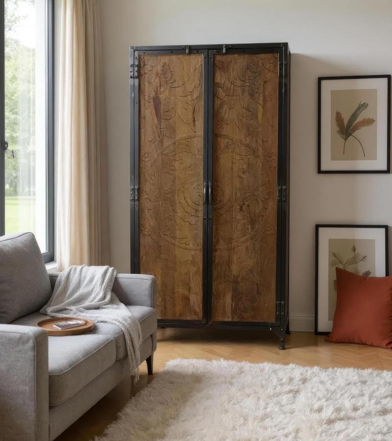 SOLID CARVED WOOD + METAL DOUBLE DOOR CABINET