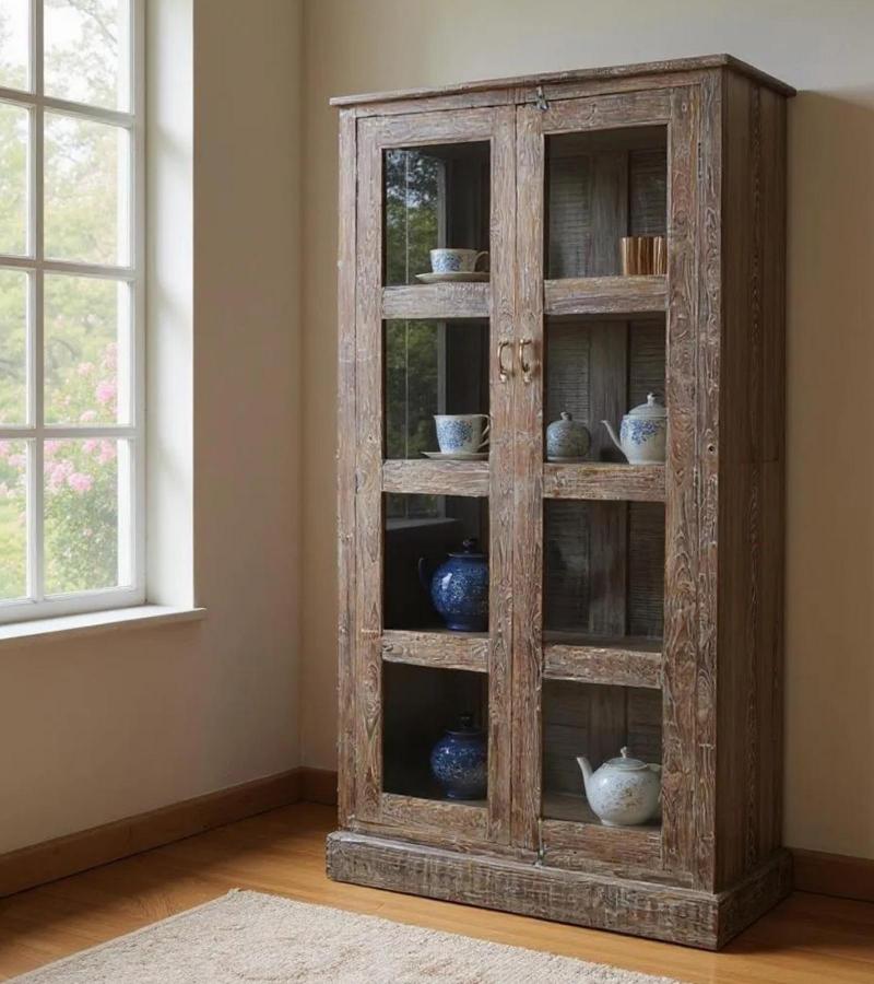 VINTAGE RECLAIMED TEAK & GLASS CABINET W/ SHELVES