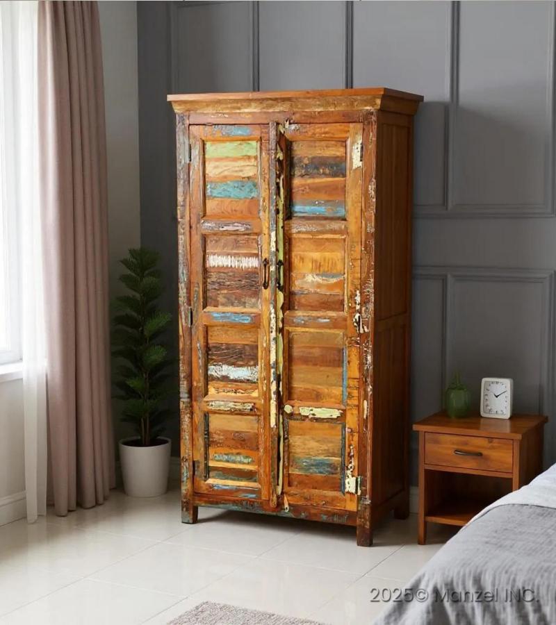SOLID RECLAIMED TEAK WOOD 2 DOOR WARDROBE CABINET ARMOIRE