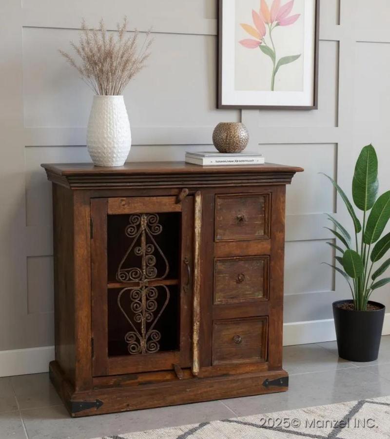 RECLAIMED TEAK & DECORATIVE IRON CABINET W/1 DOOR & 3 DRAWERS SIDEBOARD