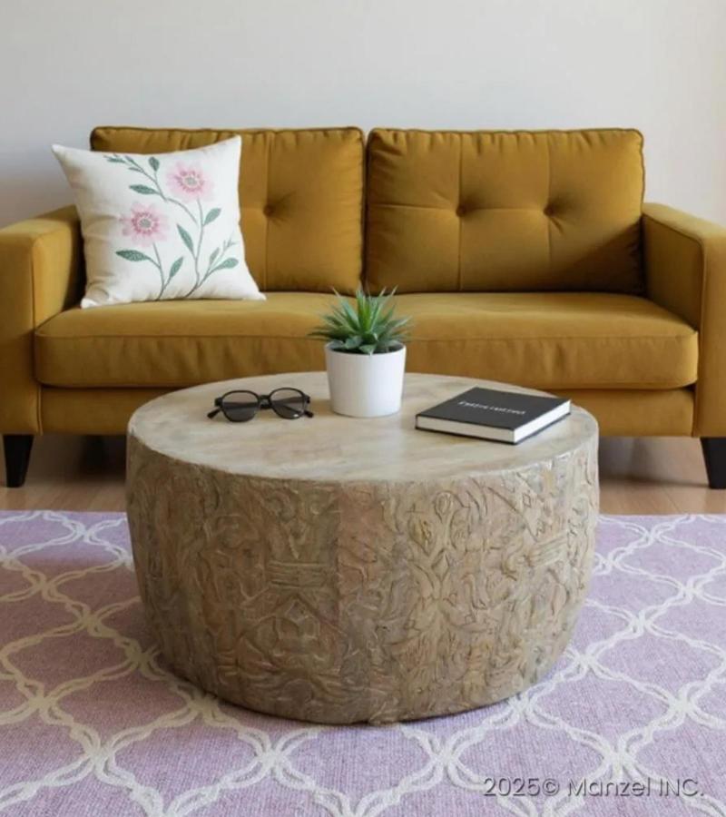 HAND CARVED SOLID WOOD ROUND COFFEE TABLE