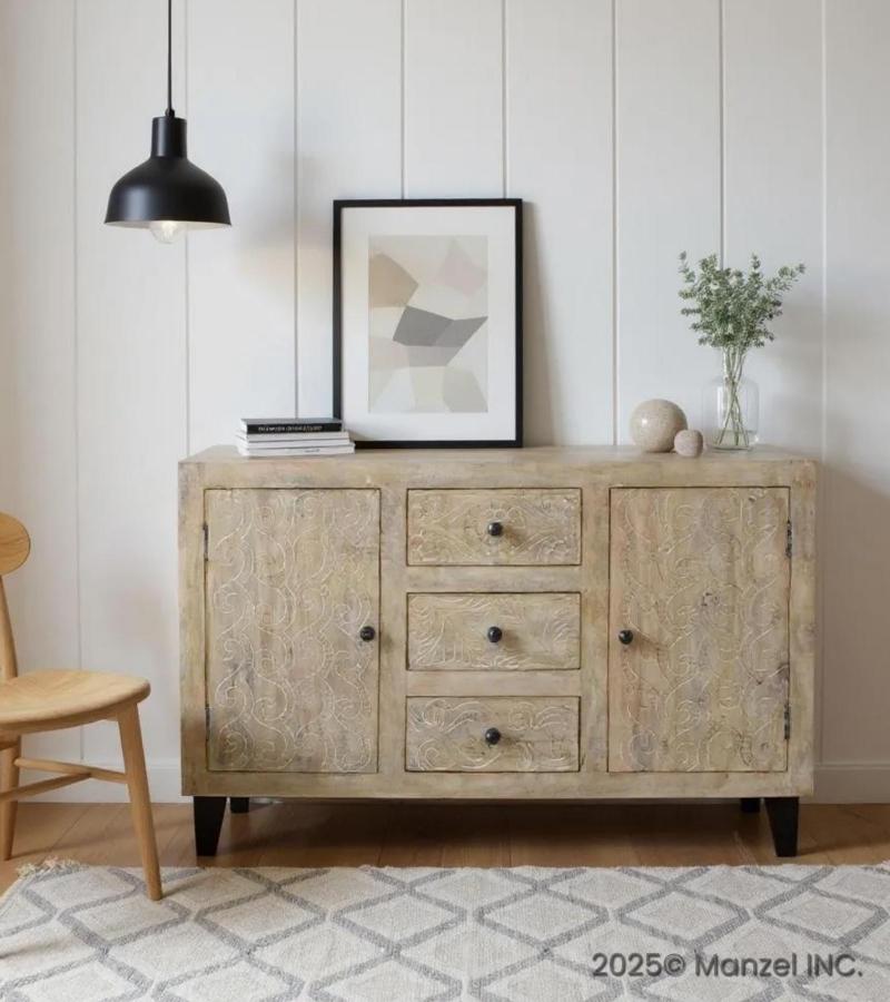 HAND CARVED SOLID WOOD  3 DRAWER & 2 DOOR SIDEBOARD