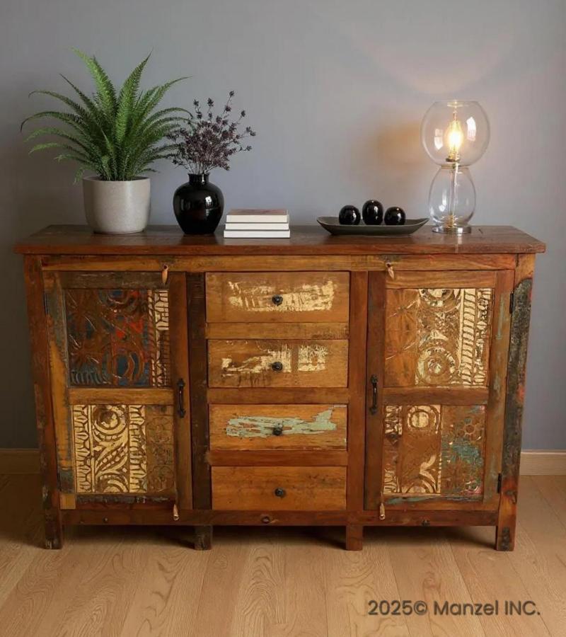 SOLID RECLAIMED CARVED TEAK WOOD W/ 4 DRAWERS & 2 DOORS SIDEBOARD CONSOLE