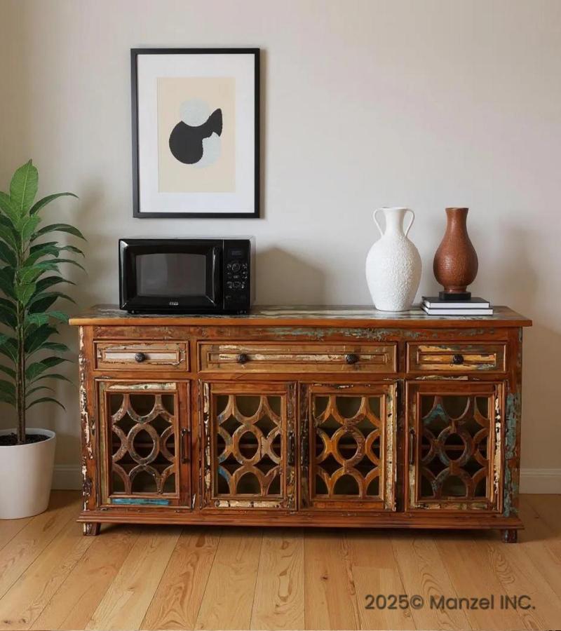 SOLID RECLAIMED TEAK WOOD& GLASS,  4 DRAWER & 4 DOOR SIDEBOARD 