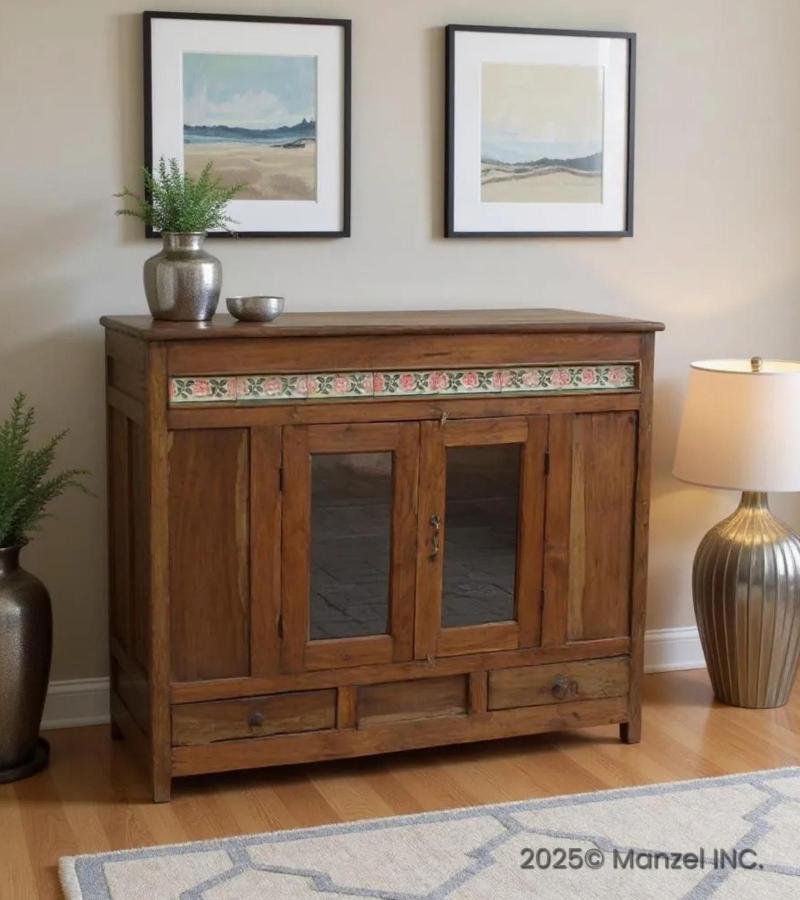 VINTAGE RECLAIMED TEAK & GLASS CABINET W/ INLAID TILE