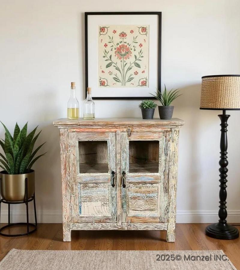 RECLAIMED TEAK CARVED WOOD & GLASS CABINET