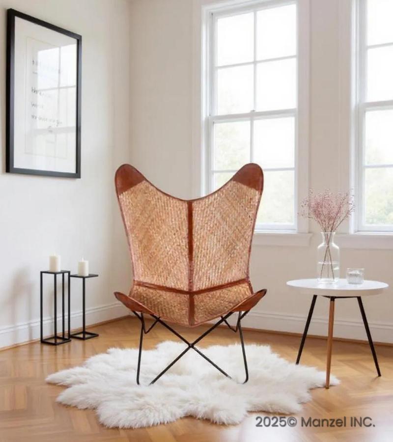 WOVEN MATERIAL, LEATHER & IRON BUTTERFLY CHAIR