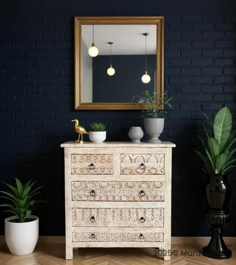 SOLID RECLAIMED TEAK WOOD HAND CARVED DRESSER BUREAU CABINET 5 DRAWERS