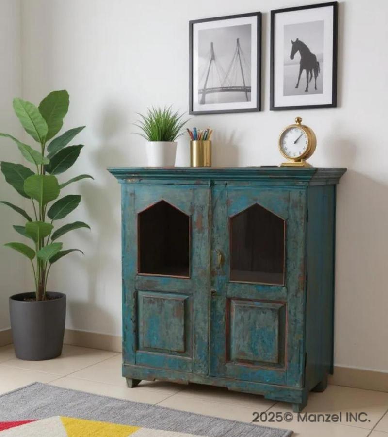 VINTAGE RECLAIMED TEAK & GLASS CABINET