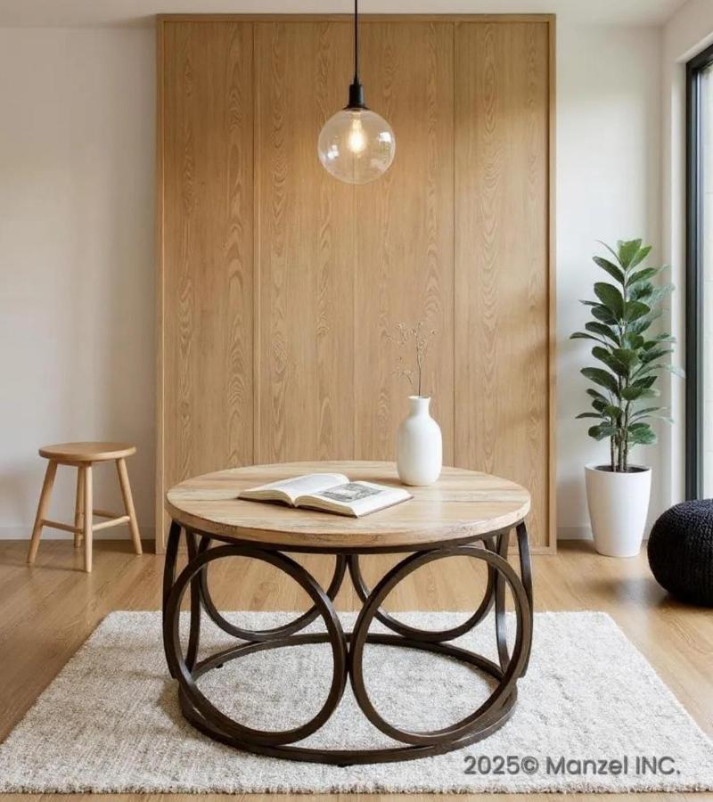 SOLID RECLAIMED TEAK WOOD & IRON ROUN COFFEE TABLE