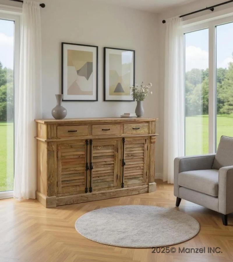 SOLID WOOD SIDEBOARD W/ 3 LOUVRED DOORS & 3 DRAWERS