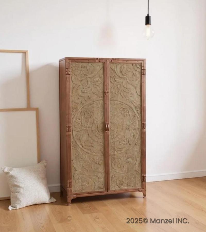 SOLID CARVED WOOD + METAL DOUBLE DOOR CABINET