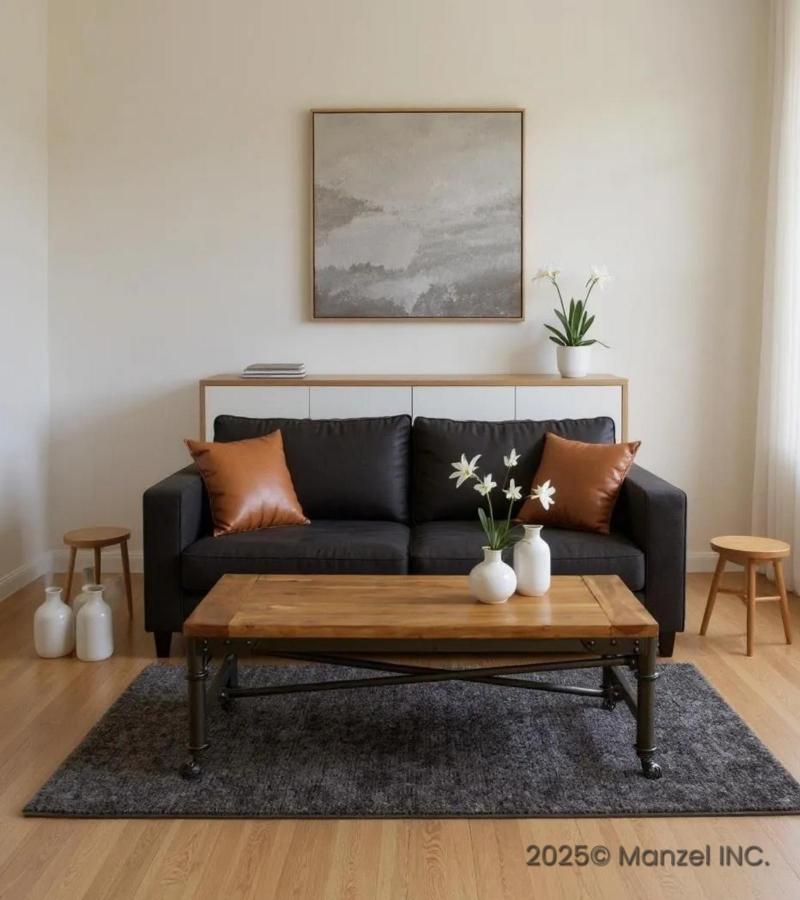 SOLID WOOD & IRON COFFEE TABLE ON WHEELS