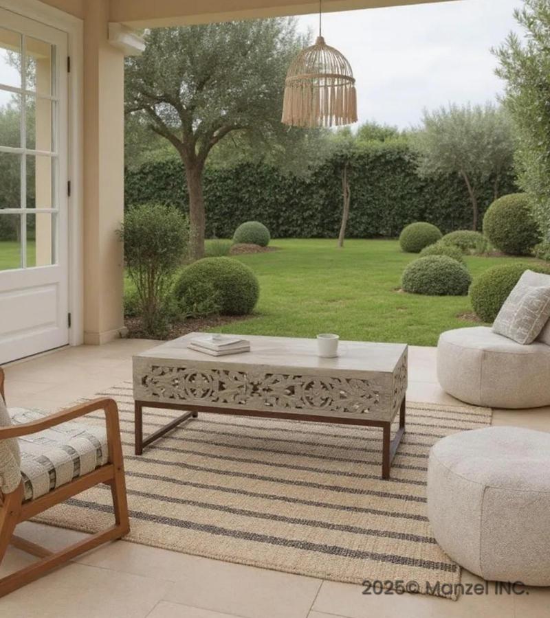 HAND CARVED WOOD & METAL COFFEE TABLE