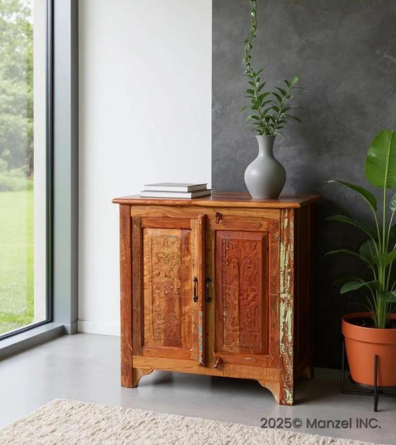 RECLAIMED TEAK 2 DOOR CARVED CABINET