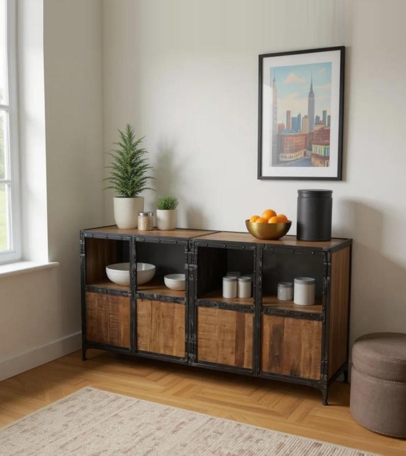 SOLID WOOD, IRON & GLASS SIDEBOARD