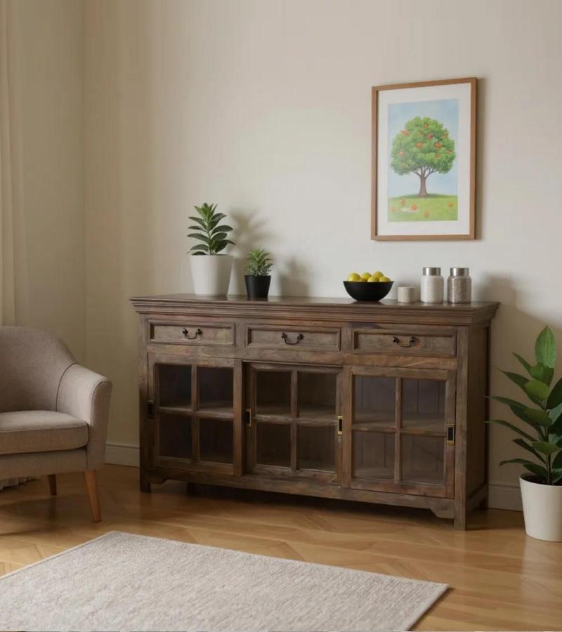 TRADITIONAL SOLID WOOD 3 DOOR SLIDERS WITH DRAWERS SIDEBOARD