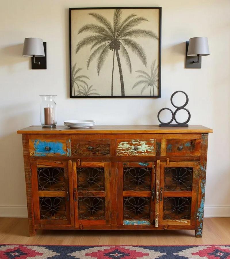 SOLID RECLAIMED TEAK WOOD SIDEBOARD W/ DECORATIVE IRON 4 DRAWERS & 4 DOORS