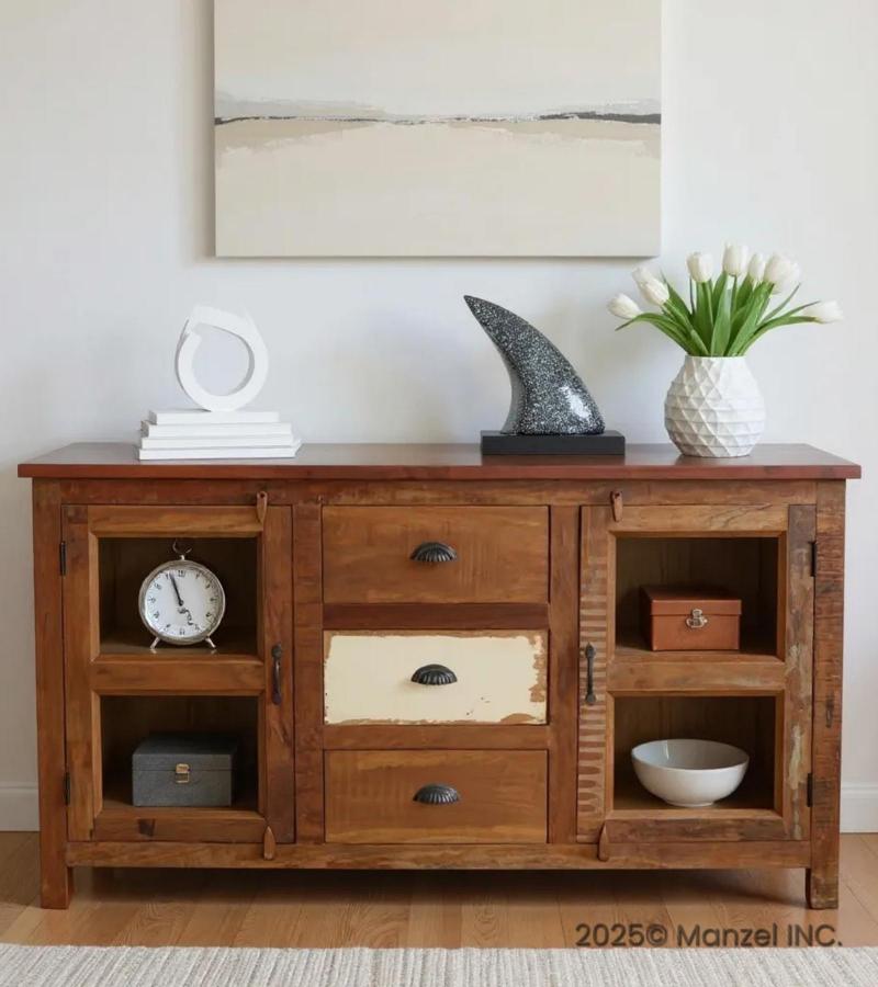 SOLID RECLAIMED TEAK WOOD & GLASS SIDEBOARD CONSOLE CABINET W/ 2 DOORS & 3 DRAWERS