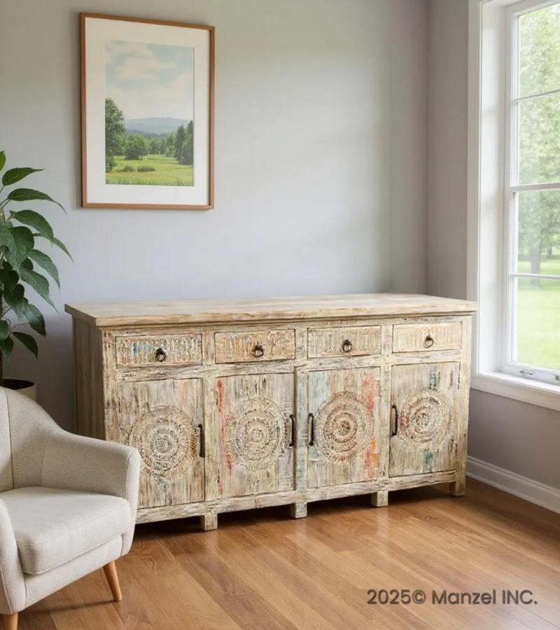SOLID RECLAIMED HAND CARVED TEAK WOOD SIDEBOARD CABINET W/ 4 DRAWERS & 4 DOORSBOARD CABINET W/ 4 DRAWERS & 4 DOORS